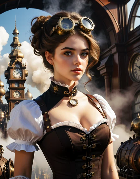 A photorealistic, cinematic portrait of a stunning young woman, around 20 years old, immersed in a vibrant steampunk world. Her attire is a masterpiece of intricate craftsmanship, blending Victorian elegance with fantastical, mechanical elements. Gears, cogs, and polished brass adorn her corset, goggles rest upon her forehead, and intricate clockwork mechanisms peek out from beneath her skirts. Her expression is one of curiosity and wonder, her eyes sparkling with the thrill of adventure. The background is a bustling steampunk cityscape, filled with towering clock towers, airships floating amidst billowing steam, and a warm, golden light filtering through the smog. The composition adheres to the golden ratio, creating a visually pleasing and harmonious image.