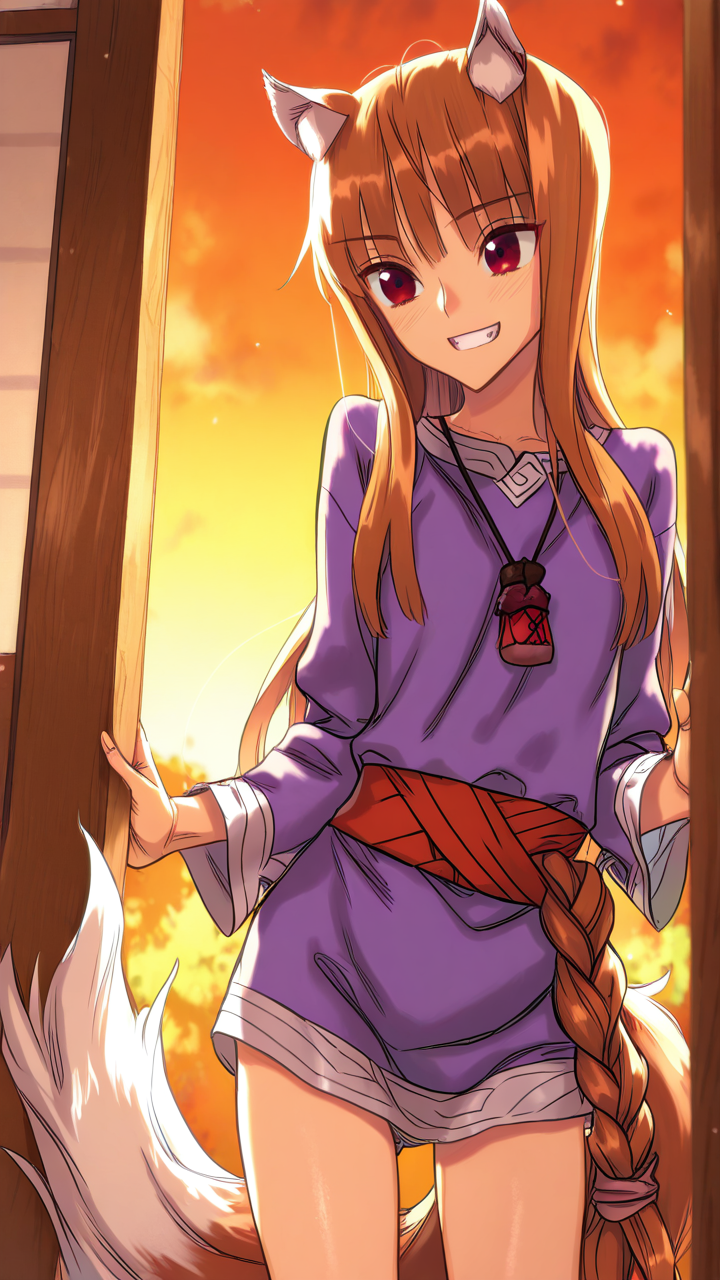 masterpiece, best quality, amazing quality, very aesthetic, absurdres, newest, anime screencap, <lora:HoloDoujinILM:1>, holo, kawakami rokkaku, wolf girl, wolf tail, wolf ears, animal ears, tail, red eyes, brown hair, animal ear fluff, long hair,