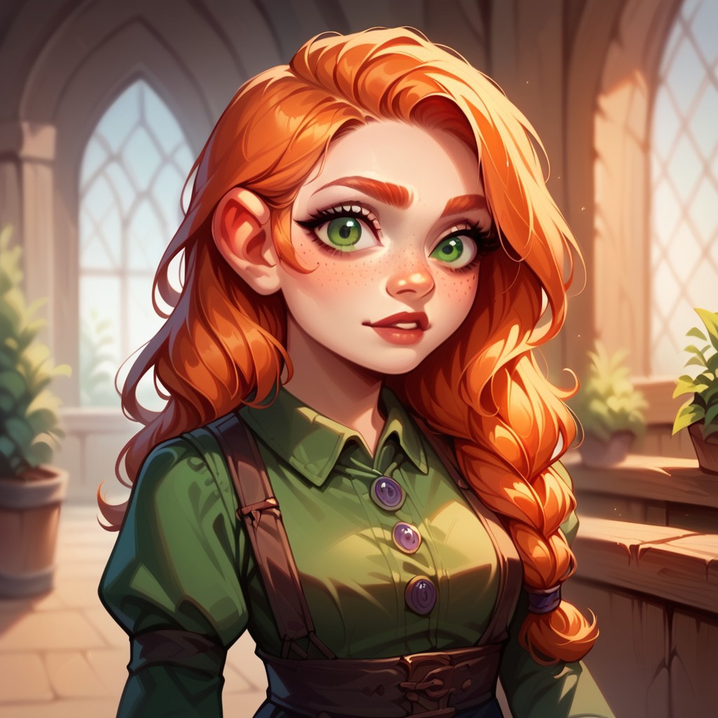 (((detailed, beautiful, high quality))), score_9, score_8_up, score_7_up, solo, upper body,
gnome, short stature, shortstack, big eyes, big ears,
1 girl, female focus, ginger hair, long hair, green eyes, freckles, green shirt, medieval office shirt,
looking at the viewer, posing,
fantasy background, blurred background,