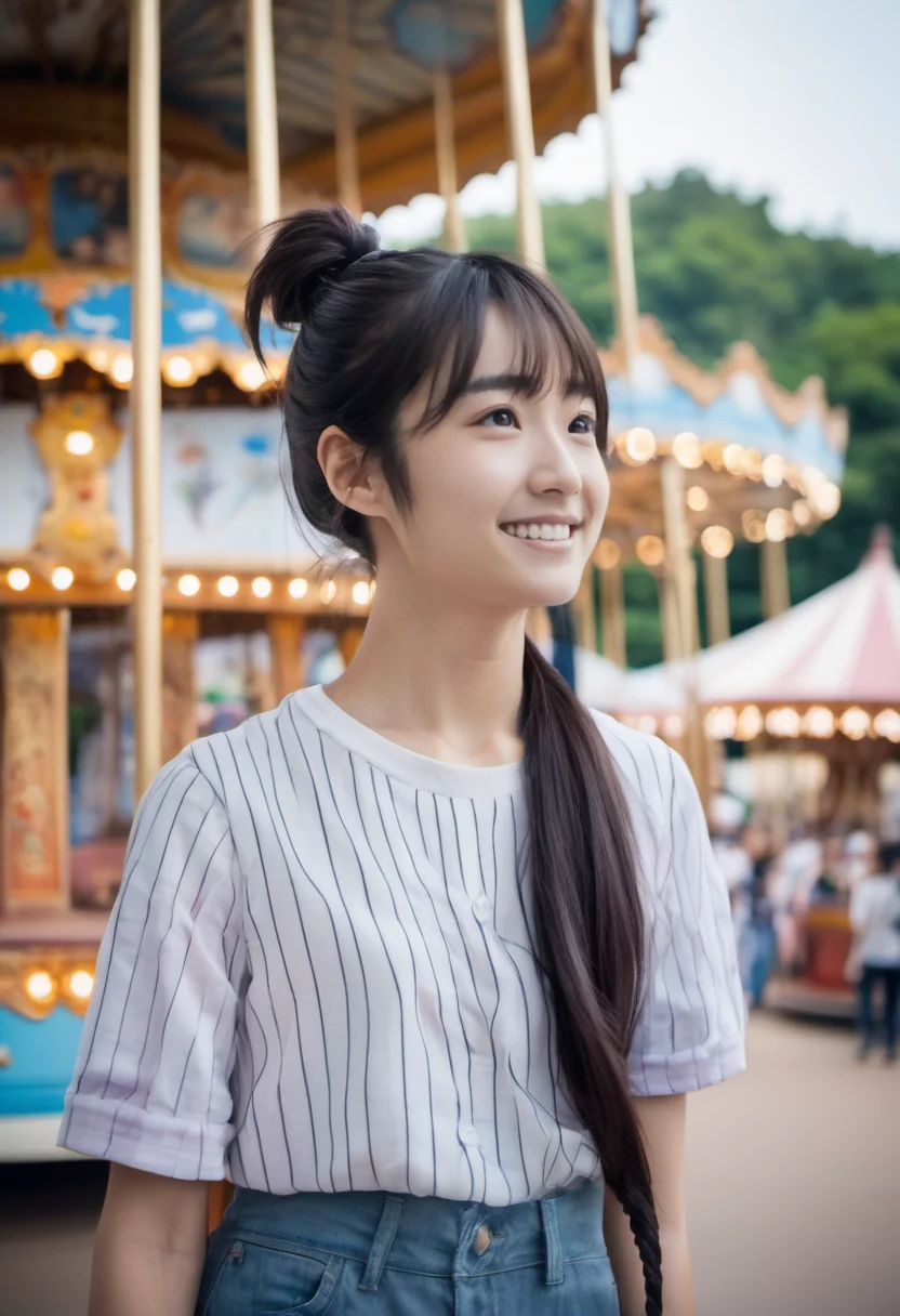 jpn-girl,black eyes, Nikon Z9, realistic matte skin, highly detailed, skin texture visible, 20 yo, 1girl, woman wearing casual clothes, blurry background,
ponytail ,
balancing at
Vintage carousel in an amusement park ,
holding hair
<lora:jpn-girl_v1:0.65>