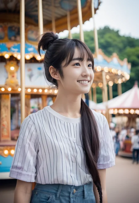 jpn-girl,black eyes, Nikon Z9, realistic matte skin, highly detailed, skin texture visible, 20 yo, 1girl, woman wearing casual clothes, blurry background,
ponytail ,
balancing at
Vintage carousel in an amusement park ,
holding hair
<lora:jpn-girl_v1:0.65>