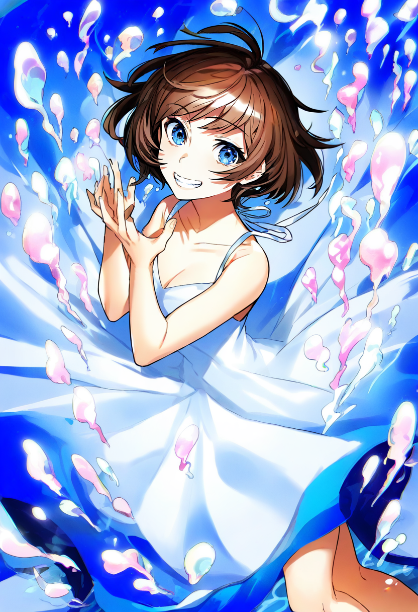 1girl, solo, dress, blue eyes, brown hair, smile, white dress, looking at viewer, sleeveless dress, sleeveless, bare shoulders, bare arms, hands up, feet out of frame, breasts, grin, bangs, water, collarbone, underwater, short hair, teeth, bubble, parted lips, cleavage <lora:mikaXL_NBVP1_lokr_V6311PZ:0.95>
