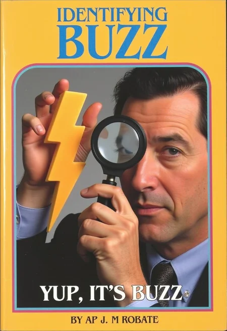 cy04, a book titled "IDENTIFYING BUZZ", a photograph of a man holding a 3D, short, matte, orange-yellow lightning bolt. The man is holding it up near his face and looking through a jeweler's loupe, a small, handheld magnifying glass used to inspect and measure gems and other jewelry. Meme text on the bottom, white with a black outline says "YUP, IT'S BUZZ"