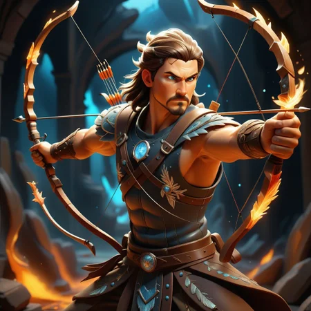 A fantastical and dynamic illustration depicts an intense moment where a male archer takes aim with an ornate bow. The warrior archer with glowing crytal scale on his chest, positioned on the right side of the frame, has metal buttons and tattoos high up on his arms. Her long hair is styled in two elegant buns at the back of her head. The archer's face is dramatically illuminated by the lighting coming from the left, emphasizing his focused expression as he holds the bow firmly in both hands. The wooden arch itself features detailed carvings along its body, extending diagonally across the image. An arrow with a feather on the back and a sharp stone on the end is ready to be shot. The background is immersed in fiery chaos, with swirling clouds of smoke and fire, floating embers and flying sparks. The scene is set against a dramatic backdrop of bright orange, yellow and brown hues, creating a sense of intense action and urgency. The overall style is highly detailed and realistic, capturing every aspect of the character's appeal and surrounding environment, with a color palette dominated by contrasting warm oranges, yellows, browns and deep blues .