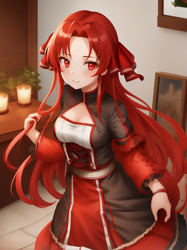 1girl, tiese, red eyes, red hair, solo, portrait, looking at viewer, best quality, high quality, highly detailed, highres, masterpiece, <lora:tiese:0.75>