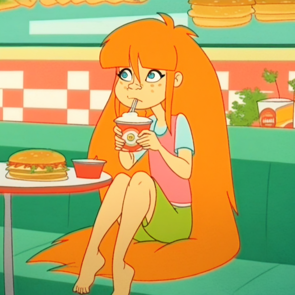 score_9, solo, tupu, orange hair, very long hair, blue eyes, freckles, sitting, diner, food