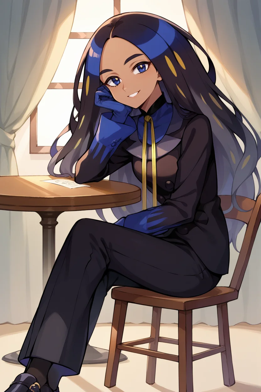 score_9, score_8_up, score_7_up, score_6_up, source_anime, BREAK 1girl <lora:geeta-pdxl-nvwls-v1-000006:1> geeta, multicolored hair, neck ribbon, black jacket, black pants, gloves, looking at you, sitting, chair, furrowed brow, head rest, smile, table