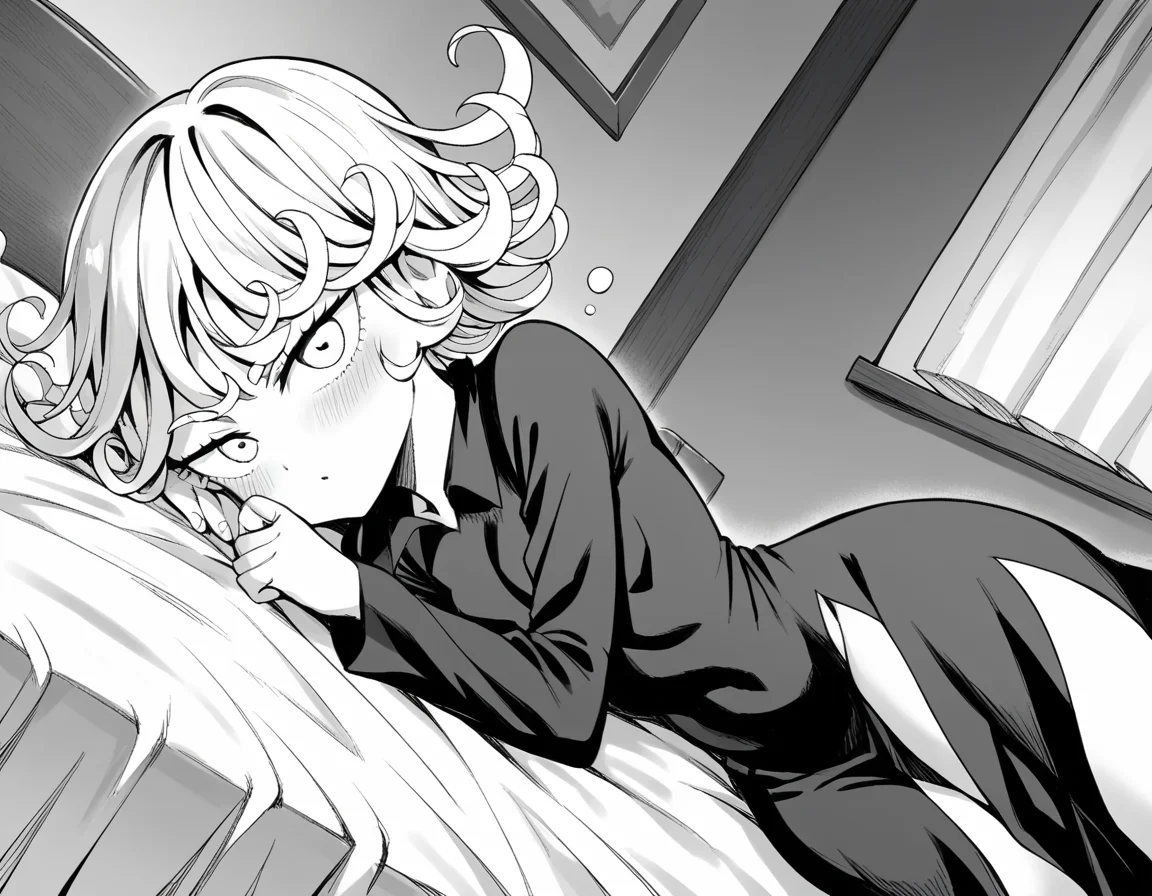 score_9, score_8_up, score_7_up, source_anime,
tatsumaki, <lora:opm-tatsumaki-manga-ponyxl-lora-nochekaiser:1>,
tatsumaki, short hair, curly hair, monochrome, greyscale,
long sleeves, dress,
indoors, bed, bed room, on side, blush, drunk,
looking at viewer, cowboy shot, solo, dutch angle,
