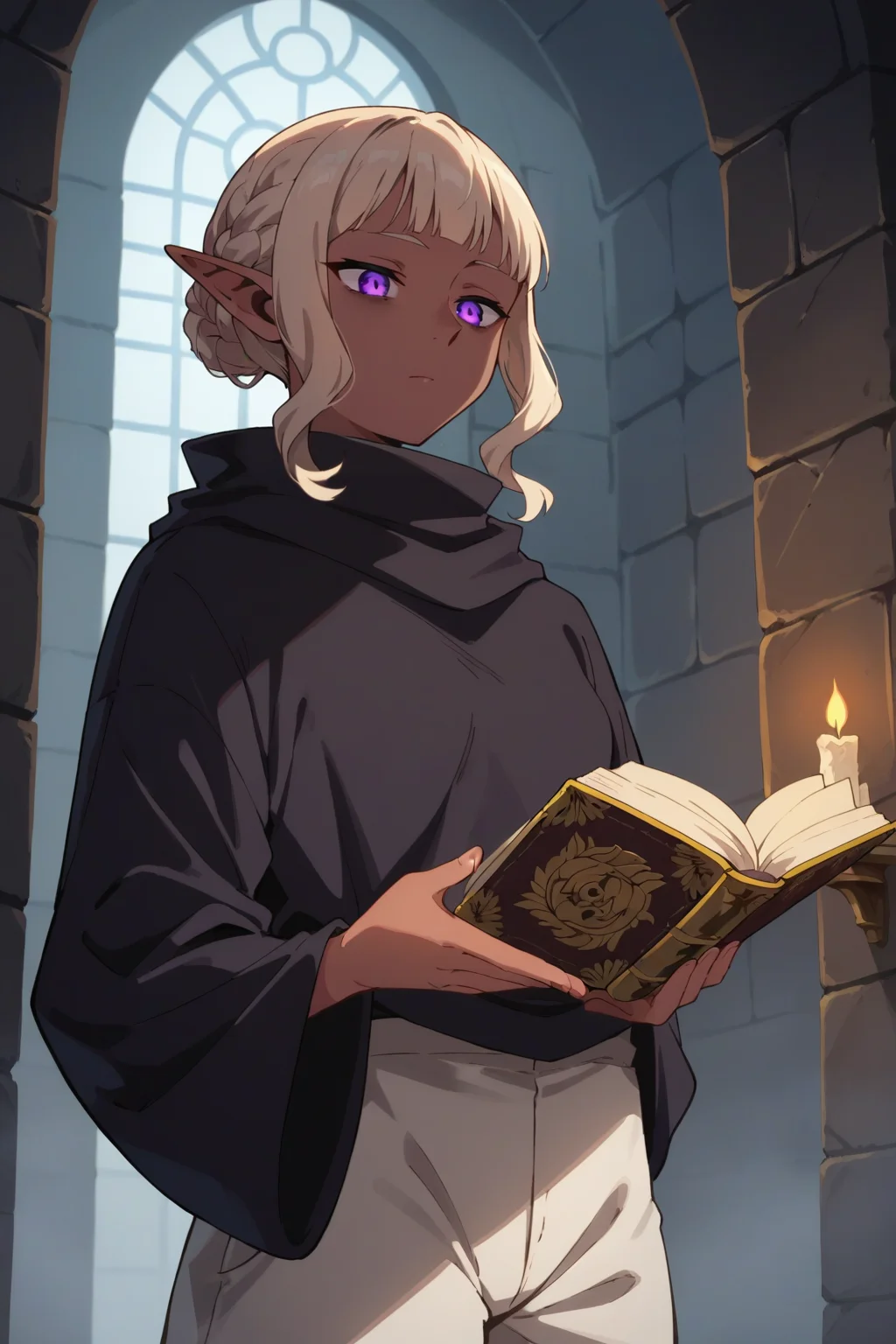 score_9, score_8_up, score_7_up, source_anime, 1girl, prefect lighting, very aesthetic, intricate details, highly detailed background, masterpiece, high quality, prefect hands, best quality, solo,
<lora:Thistle_Dungeon_Meshi_V1_r2-000007:.85>, pointy ears, light red skin, dark-skinned female, dark skin, purple eyes, cream hair, blunt bangs, sidelocks, braid, hair bun, glowing eyes,
black robe, white harem pants, white pants,
tired, standing, holding book, open book, looking down,
dungeon, stone wall, dark, candles, dimly lit,
(Beautiful, small Breasts:1.2), natural breasts,