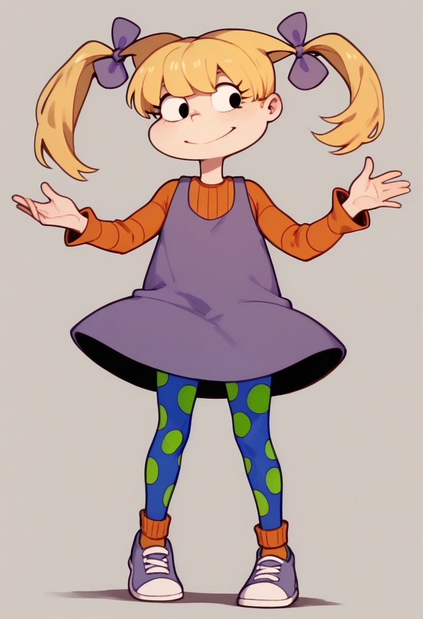 score_9, score_8_up, score_7_up BREAK AngelicaP, 1girl, blonde hair, black eyes, pigtails, purple bows, sleeveless purple dress, orange longsleeved shirt, blue green polka dot leggings, orange socks, purple white shoes, full body, cartoon, source_cartoon,