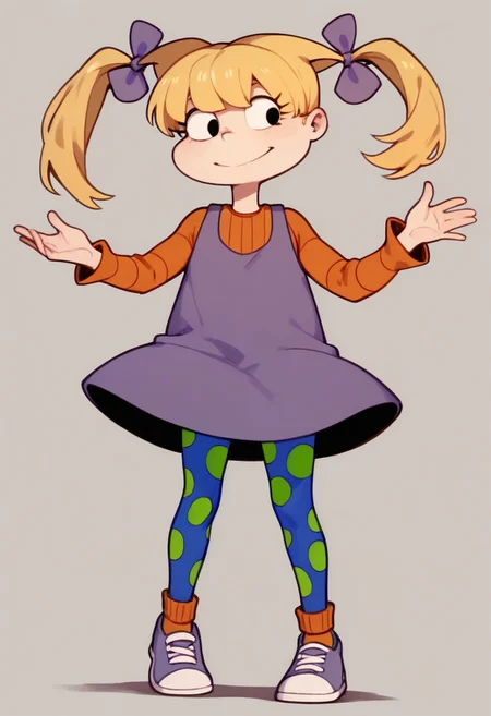 score_9, score_8_up, score_7_up BREAK AngelicaP, 1girl, blonde hair, black eyes, pigtails, purple bows, sleeveless purple dress, orange longsleeved shirt, blue green polka dot leggings, orange socks, purple white shoes, full body, cartoon, source_cartoon,