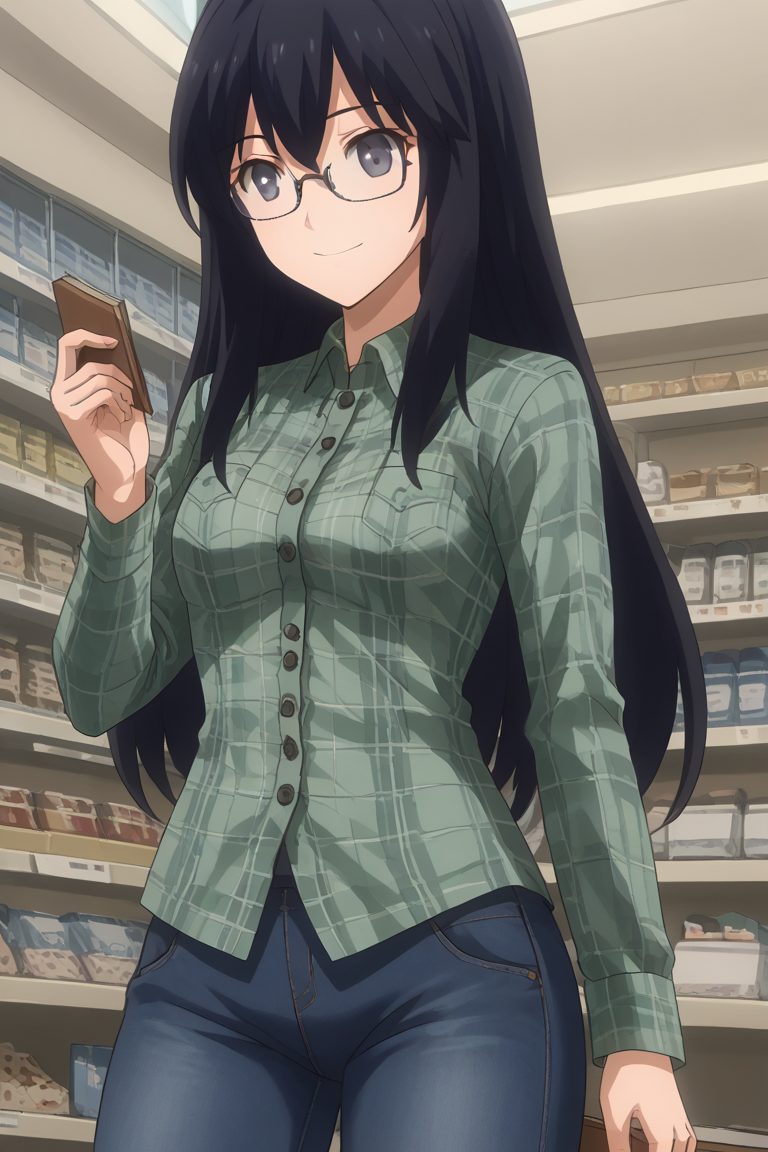 1girl, solo, ayamenb, black hair, long hair, black eyes, green shirt, long sleeves, buttons, plaid shirt, jeans pants, glasses, eyewear, , indoors, book store, standing, cowboy shot, smile