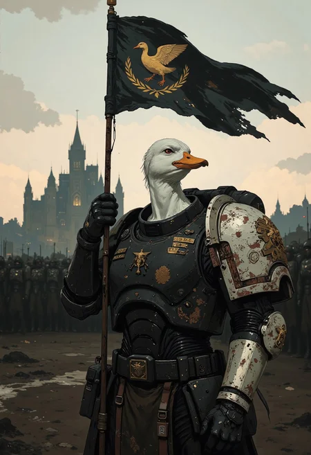 This striking image features an anthropomorphic white duck clad in the iconic power armor of a space marine, inspired by the Warhammer 40K universe. Rendered in a hyper-realistic, cinematic portrait style, the duck is captured in a dynamic upper-body pose as it stands confidently before a battalion of fellow power marines, holding a tattered flag. The flag is showing the heraldig animal of its unit - a golden duck on black background. Its head is slightly tilted upward and to the side, accentuating a look of unwavering pride and determination. The worn armor, marked with deep scratches, dents, and faded battle insignias, tells silent tales of past conflicts and hard-won victories.
Soft dawn light diffused by an overcast sky bathes the scene, creating gentle contrasts and casting subtle shadows that enhance the intricate details of the battle-scarred armor and the organic texture of the duck’s feathers. In the background, the assembled marines stand in disciplined formation, their imposing silhouettes contributing to the overall aura of military grandeur and camaraderie. Every element—from the reflective surfaces of the armor to the resolute expression in the duck’s eyes—merges to create a powerful visual narrative that blends the fantastical elements of science fiction with the rugged realism of professional portrait photography.
in the style of cksc, DB4RZ, DeathW40K