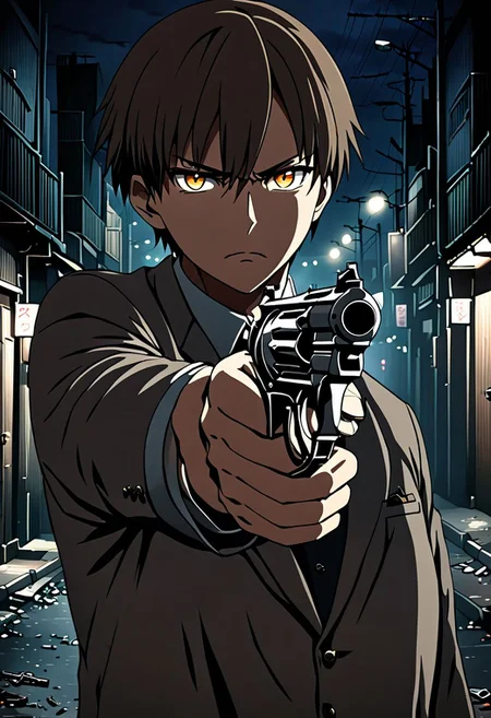 high resolution, solo, best quality, 1Boy, Takaki Toono, Brownish Hair, Brown Eyes, portraits, midnight, dim street lights, mysterious, threatening, gun, aiming the gun to the viewer, OverallDetail