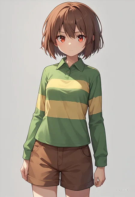 score_9, score_8_up, score_7_up, source_anime , <lora:Chara pony:0.5>, chara, 1girl, shorts, shirt, brown hair, solo, striped, collared shirt, simple background, brown shorts, long sleeves, cowboy shot, green shirt, striped shirt, red eyes, small breasts