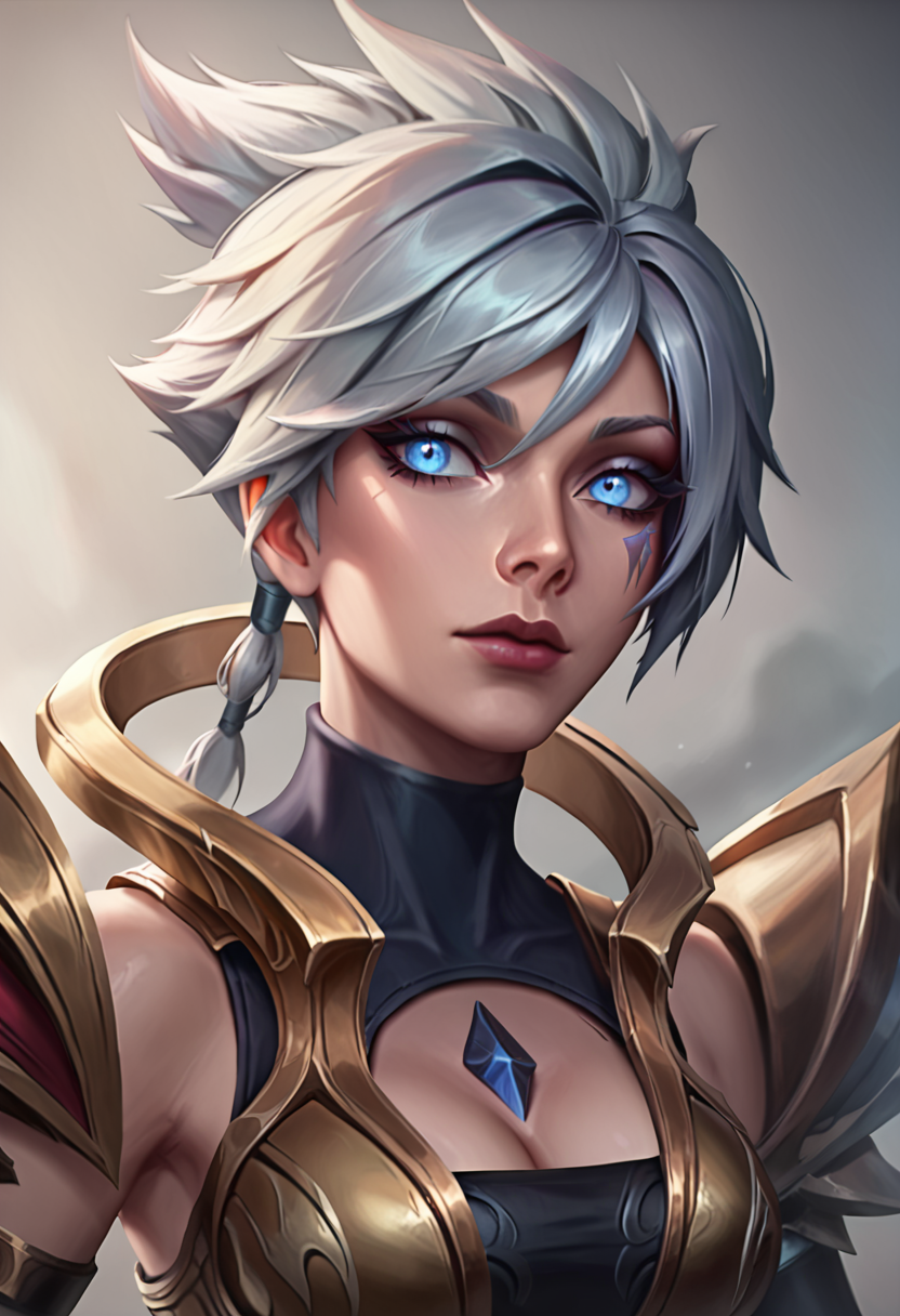 score_9, score_8_up, beautiful, gorgeous, pretty, perfect, masterpiece, high detail, (1 girl:2), (detailed face:1.8), (face focus:1.5), (zoom in:1.4), league of legends, league_of_legends, DBRiven, silver hair, golden armor, black bodysuit, bodysuit, golden shoulder armor, sidebraid, silver eyes, cleavage, short hair, (upper body:1.6), torso, Riven <lora:Dawnbringer_Riven_PonyXL:0.8>