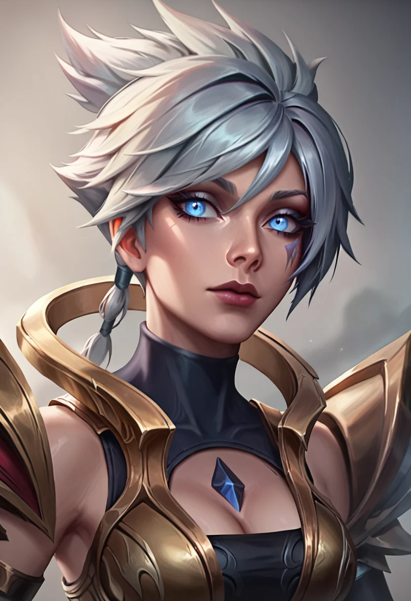 score_9, score_8_up, beautiful, gorgeous, pretty, perfect, masterpiece, high detail, (1 girl:2), (detailed face:1.8), (face focus:1.5), (zoom in:1.4), league of legends, league_of_legends, DBRiven, silver hair, golden armor, black bodysuit, bodysuit, golden shoulder armor, sidebraid, silver eyes, cleavage, short hair, (upper body:1.6), torso, Riven <lora:Dawnbringer_Riven_PonyXL:0.8>