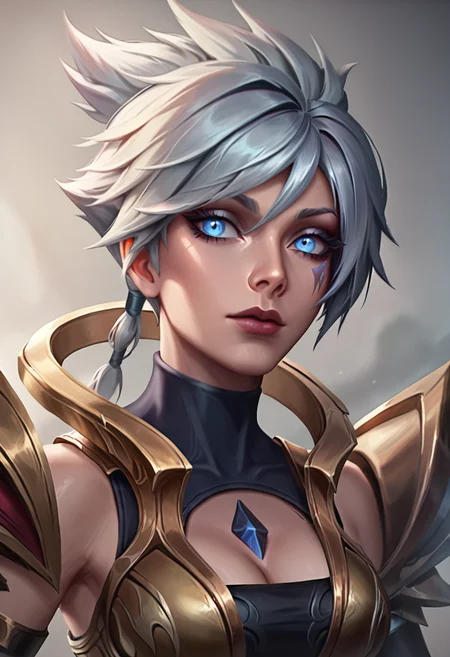 score_9, score_8_up, beautiful, gorgeous, pretty, perfect, masterpiece, high detail, (1 girl:2), (detailed face:1.8), (face focus:1.5), (zoom in:1.4), league of legends, league_of_legends, DBRiven, silver hair, golden armor, black bodysuit, bodysuit, golden shoulder armor, sidebraid, silver eyes, cleavage, short hair, (upper body:1.6), torso, Riven <lora:Dawnbringer_Riven_PonyXL:0.8>