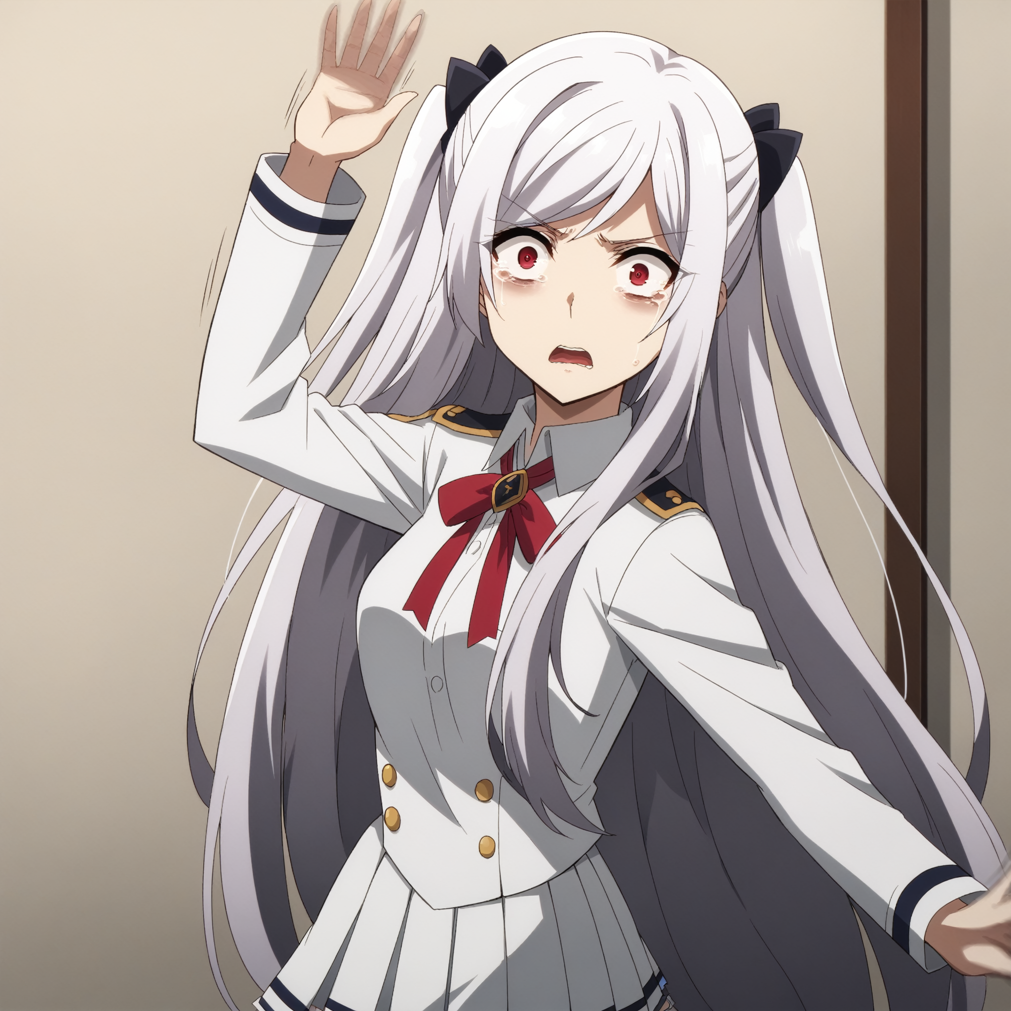 score_9, score_8_up, score_7_up,
break
(looking at viewer),
<lora:gostlapped.pony.v1:0.2> imminentslap, hand up, arm up,  open hand, spread fingers, 
1girl, standing,
looking at viewer,
scared,  wide-eyed,  tears,
motion lines, motion blur,
 <lora:alexia-midgar-ponyxl-lora-nochekaiser:0.8> alexia midgar, long hair, very long hair, hair ribbon, white hair, red eyes, sidelocks, ribbon,,skirt, thighhighs, long sleeves,pleated skirt, boots, miniskirt, black footwear, white thighhighs, zettai ryouiki, white skirt,