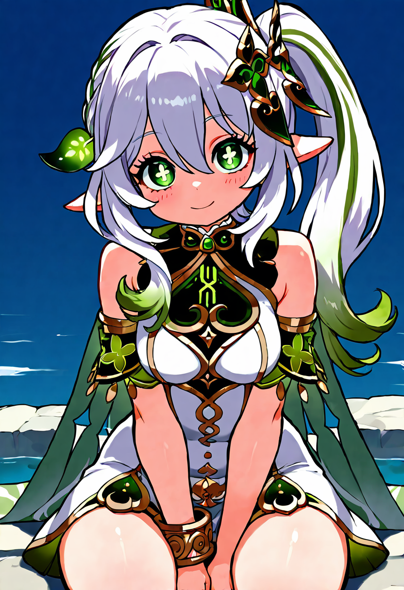 masterpiece, best quality, 1girl, solo, eyelashes, (beautiful eyes),   medium breasts, (curvy), cute, eyelashes, vivid colors, BREAK ,,, Nahida (Genshin Impact), green eyes, cross-shaped pupils, symbol-shaped pupils, long hair, multicolored hair, pointy ears, white hair, hair ornament, gradient hair, side ponytail, green hair, hair between eyes, leaf hair ornament, sidelocks, white dress, detached sleeves, sleeveless dress, bracelet, bare shoulders, outdoors, short sleeves, sitting, green cape  smile, looking at viewer, leaning forward, head tilt, blush,   ,<lora:ZankuroStyle_NAI:1.0>,