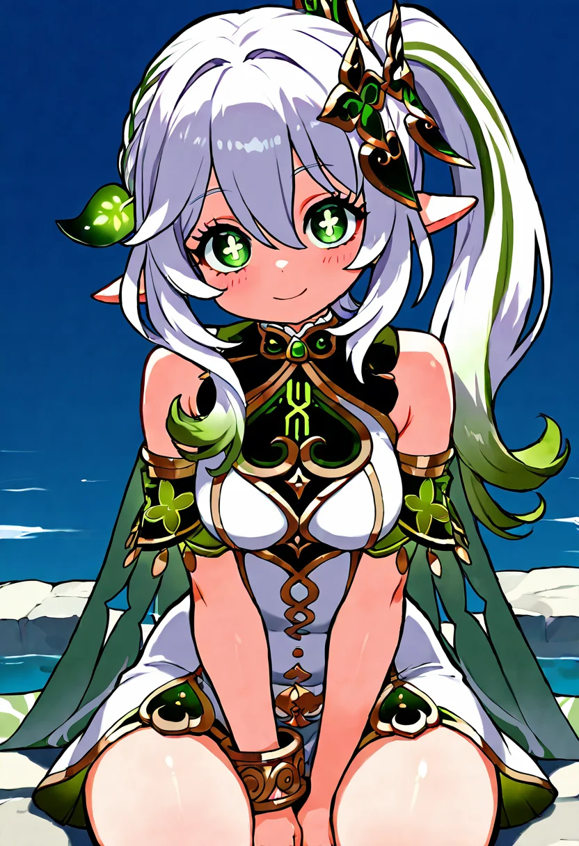 masterpiece, best quality, 1girl, solo, eyelashes, (beautiful eyes), medium breasts, (curvy), cute, eyelashes, vivid colors, BREAK ,,, Nahida (Genshin Impact), green eyes, cross-shaped pupils, symbol-shaped pupils, long hair, multicolored hair, pointy ears, white hair, hair ornament, gradient hair, side ponytail, green hair, hair between eyes, leaf hair ornament, sidelocks, white dress, detached sleeves, sleeveless dress, bracelet, bare shoulders, outdoors, short sleeves, sitting, green cape smile, looking at viewer, leaning forward, head tilt, blush, ,<lora:ZankuroStyle_NAI:1.0>,