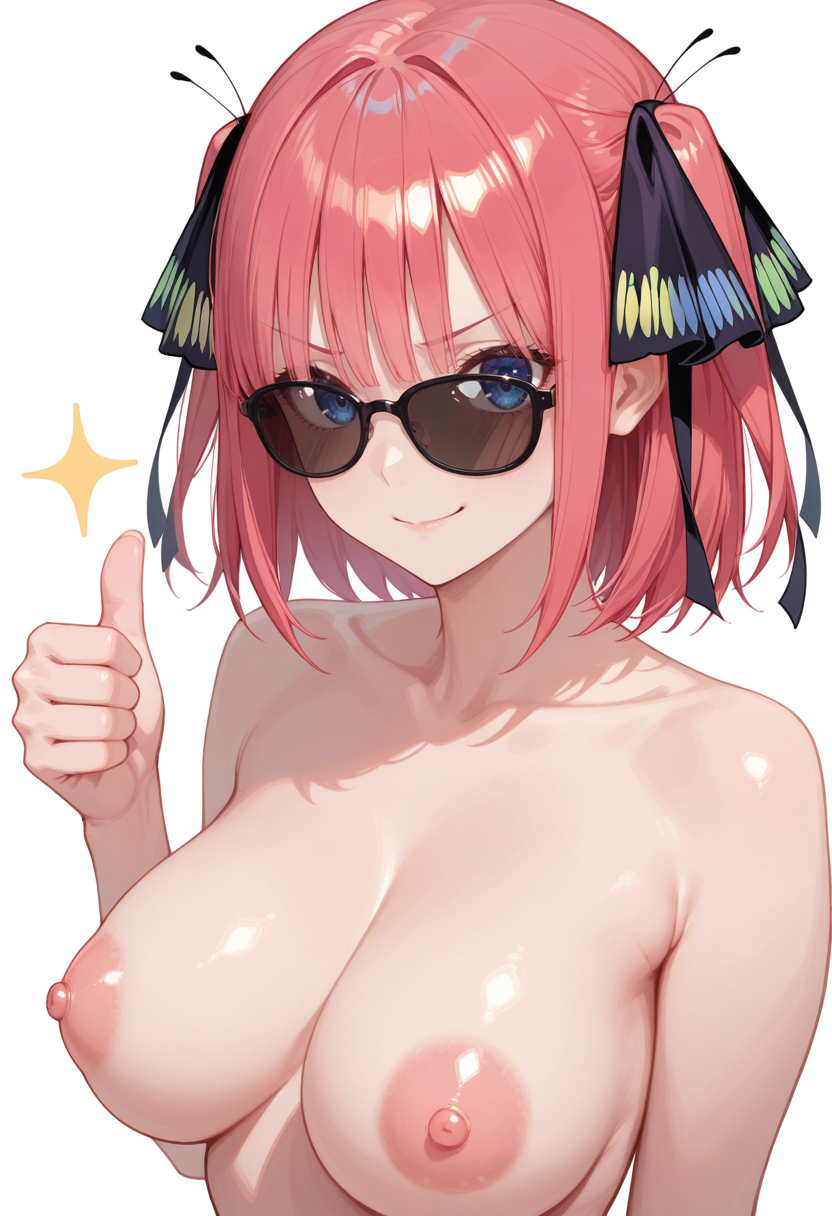 masterpiece, newest, absurdres, best quality, hires, 1girl, nino nakano \(quintessential quintuplets), white background, black sunglasses, thumbs up, topless, puffy areola, small nipples
