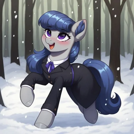 masterpiece, score_9_up, score_8_up, score_7_up, score_6_up, (best quality:1.1), ultra-detailed, high resolution, solo, BigSister, pony, mlp, feral, female, eyebrows, ((beautiful detailed purple eyes)), long eyelashes, female, fluffy pony ears, gray skin, hooves, black mane, dressed, black suit, BREAK wearing a winter coat, dynamic pose, running, looking up, blush, blushing, happy, laughing, hot breath BREAK (background-winter forest, snow, day, snowing), (FULL BODY), close up view, detailed facial features, expressiveh, highly visible, sharp focus, detailed
