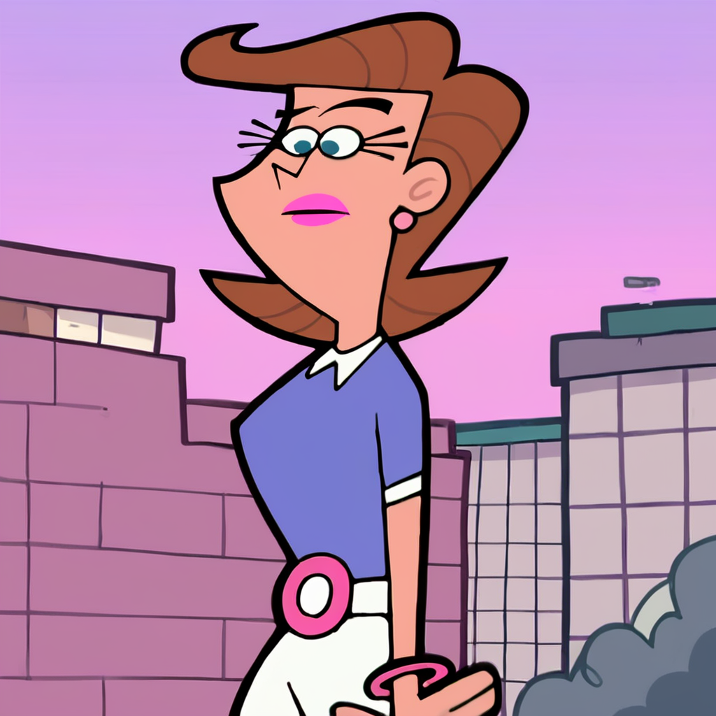 score_9, score_8_up, score_7_up, score_6_up, score_5_up, score_4_up, (Source the fairly oddparents), (rating safe),  1girl, solo, short hair, blue eyes, shirt, jewelry, short sleeves, earrings, belt, pants, bracelet, makeup, blue shirt, building, purple background, white pants, flat color, purple sky, pink sky, brown hair, pink lipstick, eyelashes, mrsturner, <lora:TimmysmomXL2:1>