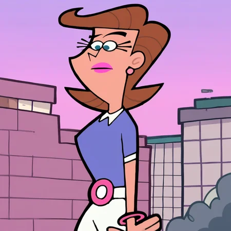 score_9, score_8_up, score_7_up, score_6_up, score_5_up, score_4_up, (Source the fairly oddparents), (rating safe), 1girl, solo, short hair, blue eyes, shirt, jewelry, short sleeves, earrings, belt, pants, bracelet, makeup, blue shirt, building, purple background, white pants, flat color, purple sky, pink sky, brown hair, pink lipstick, eyelashes, mrsturner, <lora:TimmysmomXL2:1>