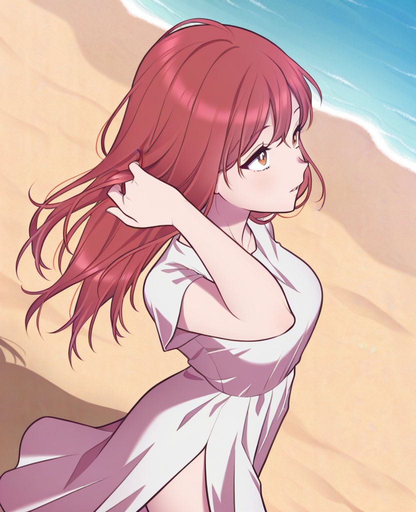 masterpiece, best quality, amazing quality, very aesthetic, absurdres, <lora:Andria_Januar_style_ILLUS-000009:1> , aja, 1girl, looking afar, parted lips, portrait, ruffling hair, from side, angle view, from above, beach, sand, water, upper body, walking, white dress, side slit,
