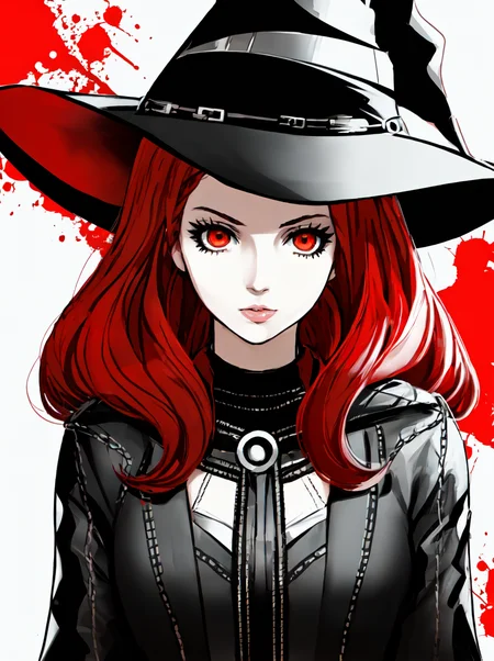 ranni the witch, (persona5 styles), persona5 theme, persona background, white_outline on character, high quality, 1girl, city background, beautiful face, red color theme, black color theme