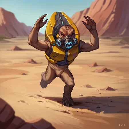 score_9, score_8_up, score_7_up, score_6_up, score_5_up, score_4_up, halogrunt, 1boy, lizard, alien, desert, running, panicking, arms up, yellow armor, backpack, full body, gas mask, realistic <lora:HaloGruntPonyV2-03:1>