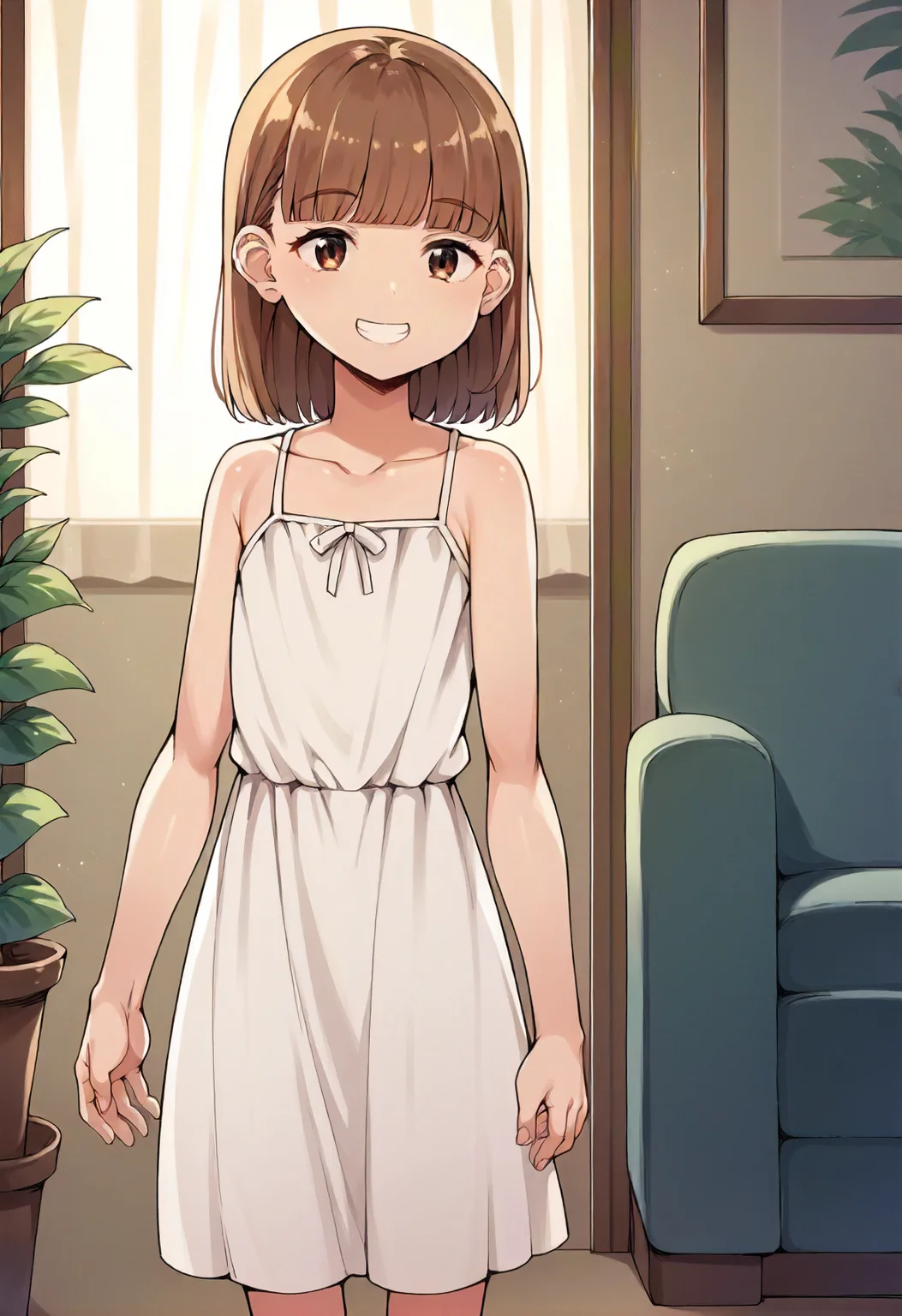 score_9, score_8_up, score_7_up, source_anime, 1girl, child, slender, straight bangs, brown hair, brown eyes,
white dress,
smile, standing, grin,
indoors, living room,
<lora:Abubu_style_-_Pony:1>