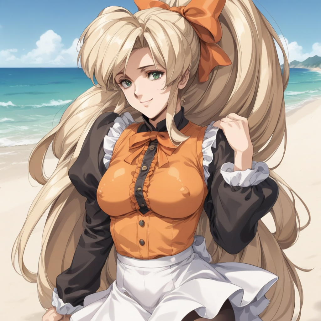 fr0nt1nn0c3ntStyl3, Style: Front Innocent, Artist Style: Urushihara Satoshi, 1girl, masterpiece, highres, high quality, fantasy, score_9, score_8_up, score_7_up, score_6, source_anime, rating_lewd, cowboy shot, mature female, Faye_(Front_Innocent), BREAK, beach, (covered nipples), seductive smile, smile BREAK, , BREAK, Faye, blonde hair,very long hair,high ponytail,very long sidelocks,hair bow,green eyes, dress,black shirt,orange vest,long_sleeves, white skirt,frills, black pantyhose, short boots,