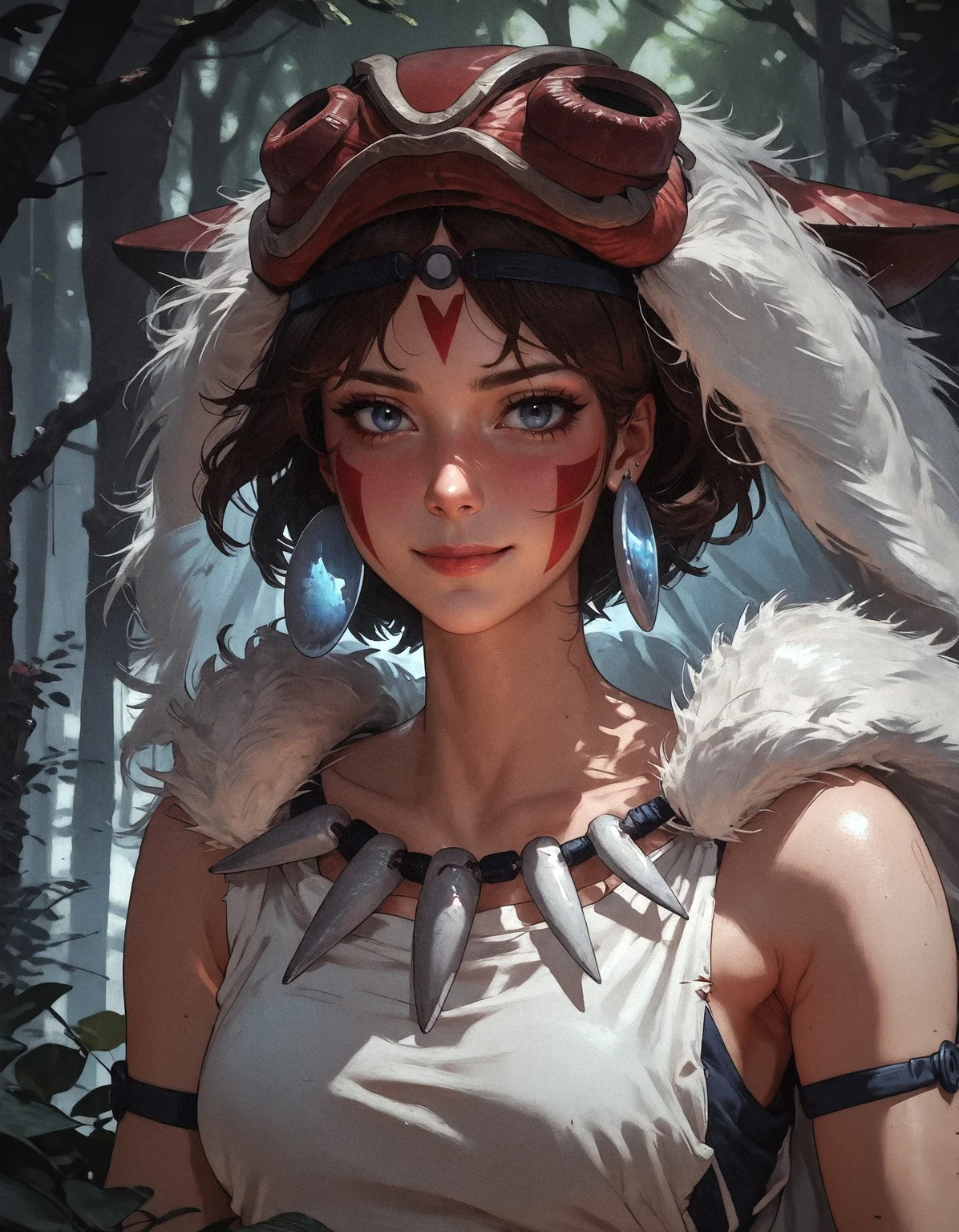 score_9, score_8_up, score_7_up,  san, 1girl, solo, short hair, brown hair, gray eyes, headband, face paint, earrings, white sleeveless top, navy under dress, arm cuffs, fur headdress, fur cape, light-skinned female, female focus, looking at viewer, smiling, forest, (blush:1.1)  <lora:pony/twilight_style:0.8> concept art, realistic, <lora:pony/expressiveh:0.8> expressiveh, <lora:pony/kenva:0.8> knva, <lora:pony/san_pony_v4> <lora:sdxl/sinfully_stylish_sdxl>