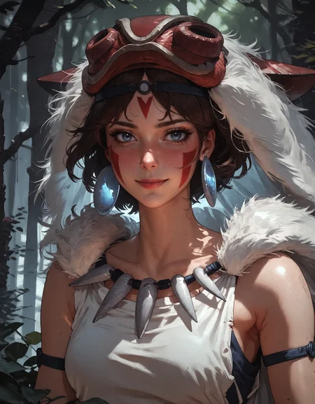 score_9, score_8_up, score_7_up,  san, 1girl, solo, short hair, brown hair, gray eyes, headband, face paint, earrings, white sleeveless top, navy under dress, arm cuffs, fur headdress, fur cape, light-skinned female, female focus, looking at viewer, smiling, forest, (blush:1.1)  <lora:pony/twilight_style:0.8> concept art, realistic, <lora:pony/expressiveh:0.8> expressiveh, <lora:pony/kenva:0.8> knva, <lora:pony/san_pony_v4> <lora:sdxl/sinfully_stylish_sdxl>