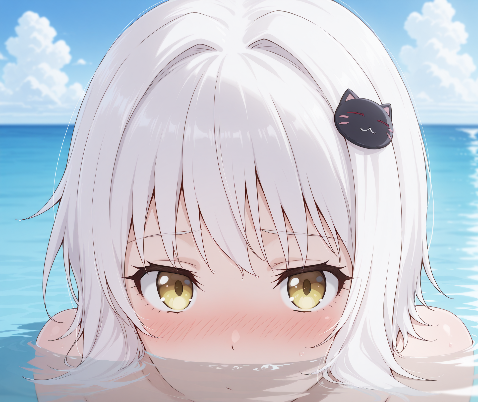highres, hi res, best quality, masterpiece, 2d, intricate details, 4k, anime coloring, shaded, shadow, countershading,
1girl, solo, female, eyelashes, nose, nose blush, cat hair ornament, hair ornament, short hair, white hair, yellow eyes, toujou koneko,
depth of field, looking at viewer, water, partially submerged, horizon, cloud, cloudy sky, <lora:Mouth_under_Water_ILXL:1>