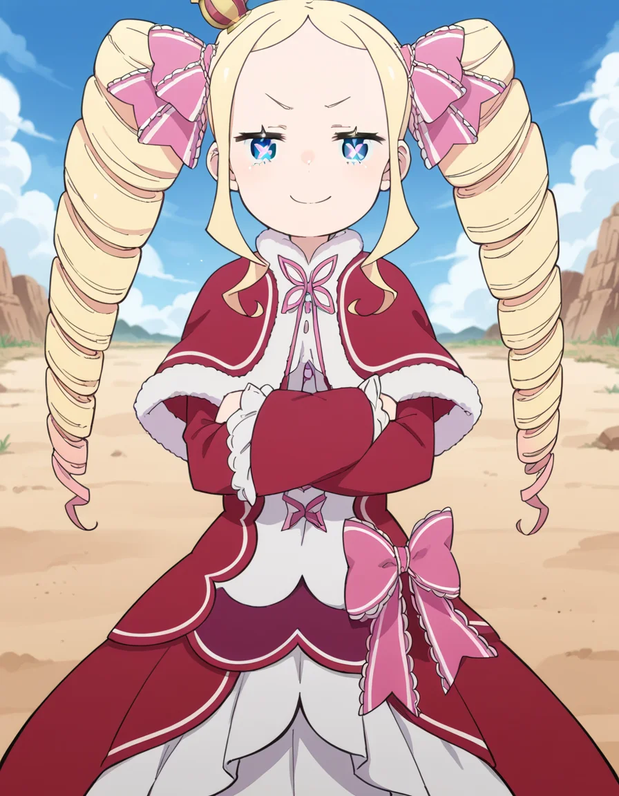 score_9, score_8_up, score_7_up, source_anime, <lora:rezero-beatrice-s3-p1-ponyxl-lora-nochekaiser:1>, beatrice, long hair, blue eyes, blonde hair, twintails, hair ribbon, sidelocks, symbol-shaped pupils, drill hair, twin drills,, dress, ribbon, fur trim, capelet, crown, mini crown, red capelet, frills, bowtie,, desert, sand, dunes, cacti, heat, smile, crossed arms, smug, looking at viewer, solo,, dutch angle, cowboy shot