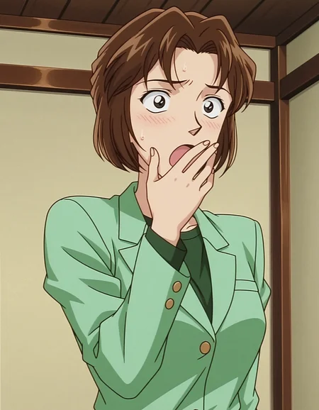 1girl,solo,masterpiece,best quality,anime screencap,1990s \(style\),
<lora:hyuuga_miyuki_conan_v1_IL:0.7>,Hyuuga Miyuki,(meitantei conan:0.6),black eyes,brown hair,short hair,breasts,parted bangs,arched bangs,long sleeves,light green jaket,dark green shirt,fomal,
standing,looking afar,upper body,portrait, open mouth,(surprised:1.2),wide-eyed, constricted pupils, covering own mouth,sweatdrop, indoors, flustered,<lora:dmd2_sdxl_4step:1>,