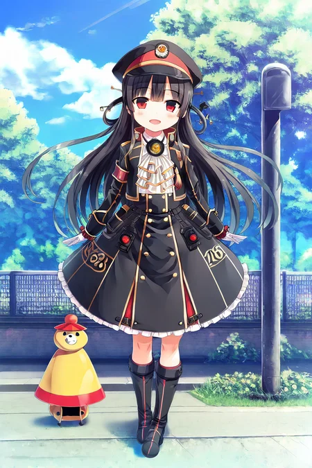 <lora:CURA_pony_V3:0.8>,score_9,score_8,1girl,hachiroku,solo,long hair,boots,hat,black jacket,red eyes,skirt,black skirt,smile,black footwear,shirt,open clothes,jacket,white gloves,black hair,open jacket,gloves,long sleeves,white shirt,very long hair,:d,blush,open mouth,peaked cap,bangs,outdoors,black headwear,frills,looking at viewer,knee boots,ascot,white ascot,