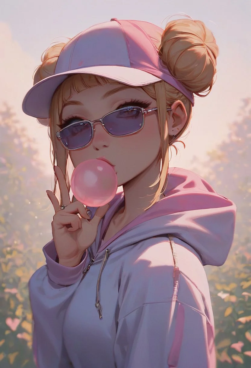 score_9,score_8_up,score_8,score_9,
(((pastel colors, high contrast, expressiveh))),
((1girl, skater girl, blond hair, buns, shades glasses, skater cap, baggy top tank, baggy oversize zip hoodie, bubble gum bubble, squating, finger gesture)),
looking at viewer,
overflow, sexy belly,
outdoors, in park background