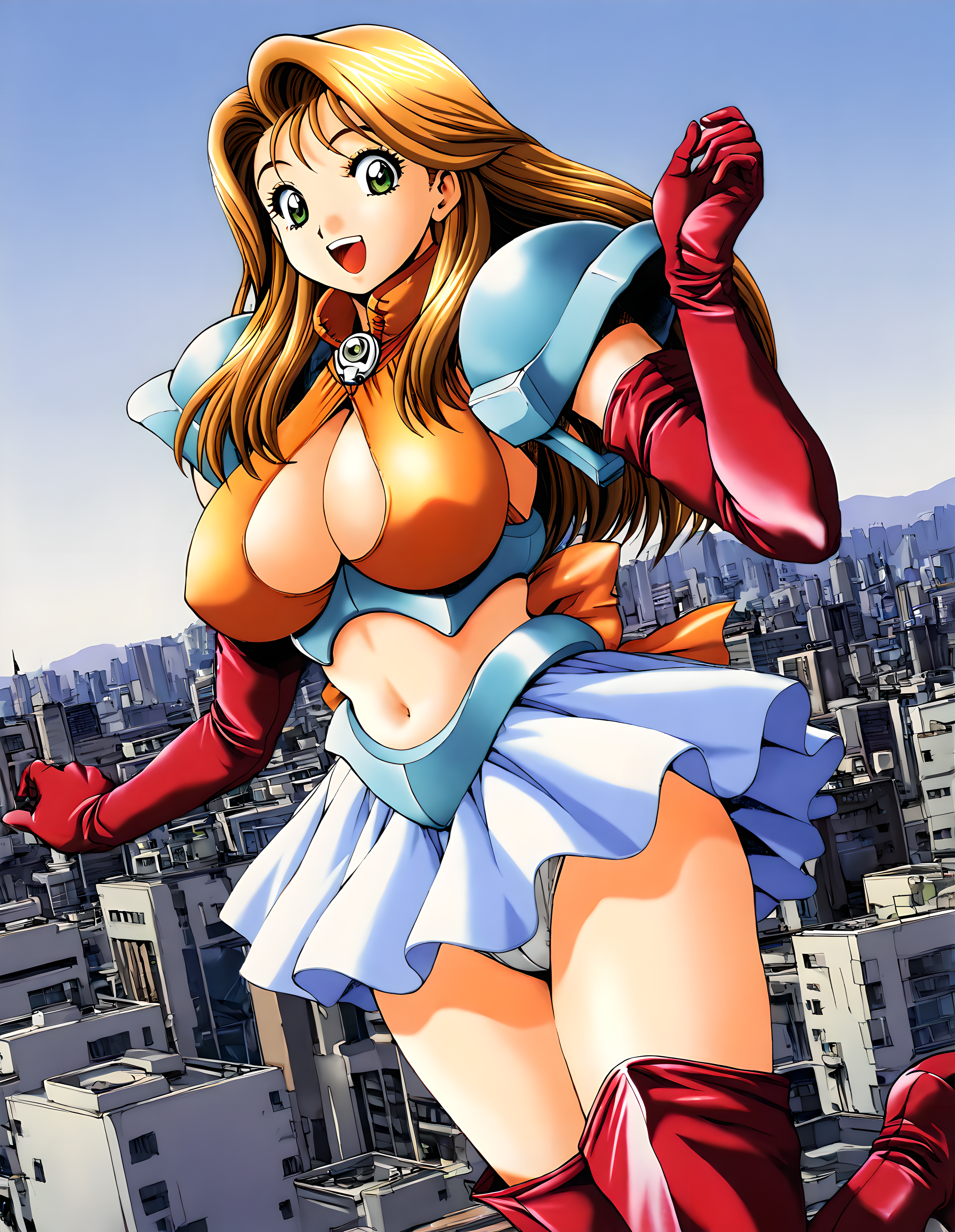 <lora:illustrious_XL_koishikawa:0.8>,koishikawa,masterpiece,best quality,good quality,1girl,solo,green eyes,midriff,navel,elbow gloves,skirt,thigh boots,cityscape,;d,