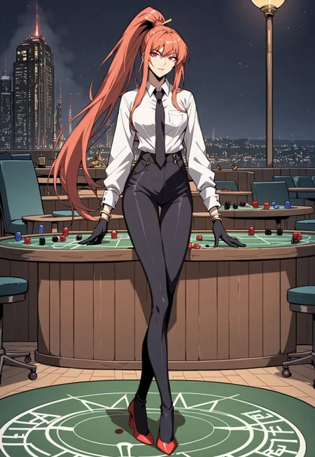 safe_pos, score_9, score_8_up, score_7_up, 1girl, night, indoor, in a casinò, full body, dynamic shot, from high, long legs standing behing a poker table, green table, solo, dynamic pose, Feng Ling, orange hair, red eyes, medium breast, long hair, ponytail, black pants, white shirt, long sleves shirt, black gilet, black neck tie, red heels, gold slim bracelets, black gloves, looking at the viewer, long legs, nice legs, white hips ultra detailed, masterpiece, <lora:add-detail-xl:1>, <lora:StS_PonyXL_Detail_Slider_v1.4_iteration_3:4>