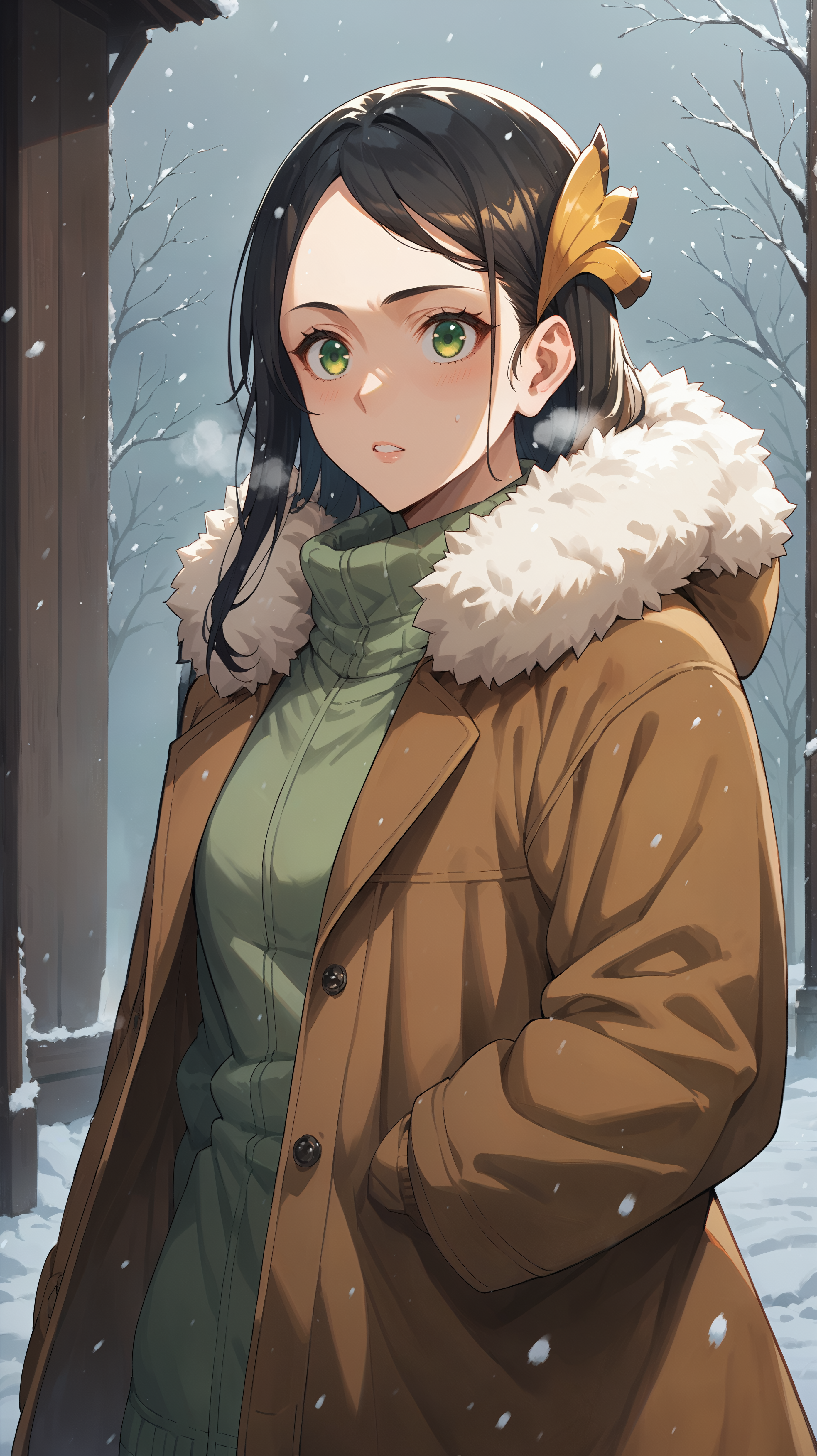 score_9,score_8_up,score_7_up,score_6_up, <lora:xl_more_art-full_v1:0.5>, source_anime, girl, dynamic pose, beckoning, <lora:Heejin Park - Pony-000004:0.9>, long hair, black hair, green eyes, yellow hair ornament, fur trim, brown coat, winter coat, large coat, closed coat, snowing, snowstorm, winter, visible breath,