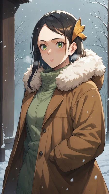 score_9,score_8_up,score_7_up,score_6_up, <lora:xl_more_art-full_v1:0.5>, source_anime, girl, dynamic pose, beckoning, <lora:Heejin Park - Pony-000004:0.9>, long hair, black hair, green eyes, yellow hair ornament, fur trim, brown coat, winter coat, large coat, closed coat, snowing, snowstorm, winter, visible breath,