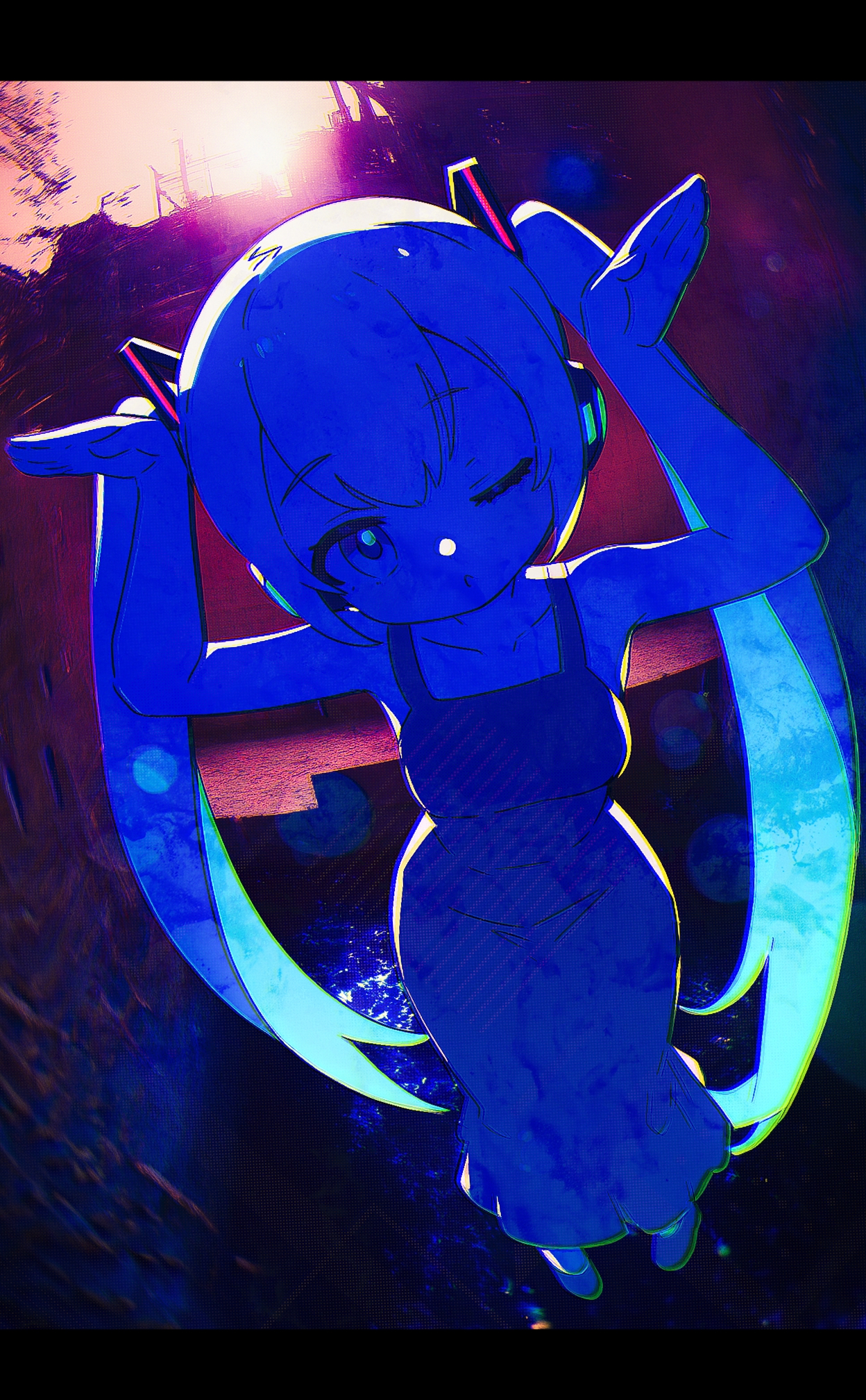 highres, greatscore,  1girl, hatsune miku, against wall,  rabbit pose,  (fisheye:1.3), arms up, 
(unarsite:1.2), chibi only,  solo, wide shot, glowing theme, head tilt, fake rabbit ears, sleepy, foreshortening, close-up face, leaning forward,
dilapidated, narrow waist,  vocaloid, dress, twintails, wide hips,
(photo background, chromatic aberration, lens flare abuse, caustics, dim lighting:1.1), abstract, glitch abuse, flat color,  
masterpiece, absurdres,
