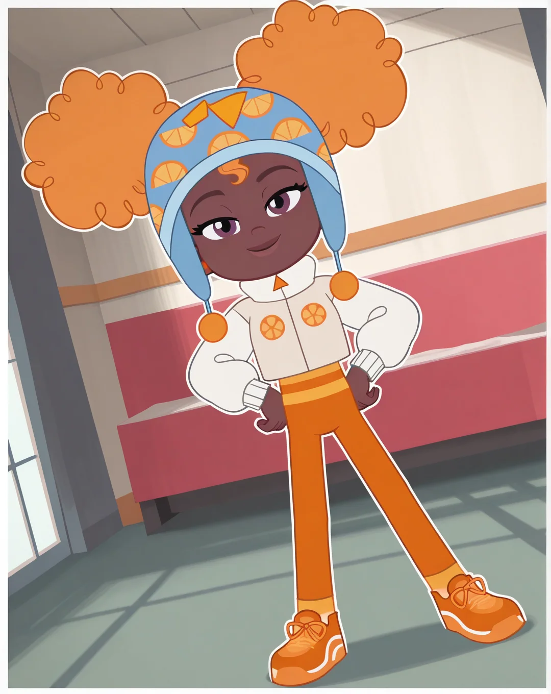 Orange _Blossom, 1girl, solo, dark brown skin, ginger curly hair, afro puffs, double buns hair, violet eyes, orange studded earrings, winter outfit, sky-blue earflap beanie, off-white winter jacket,darker orange leggings, leggings, orange tennis shoes, longer socks, (smile, dutch angle, Hands on hips,naughty pose, looking at viewer, indoors, elegant room, solo, dynamic pose, full_body, head tilt,),((white background, White frame, white outline))