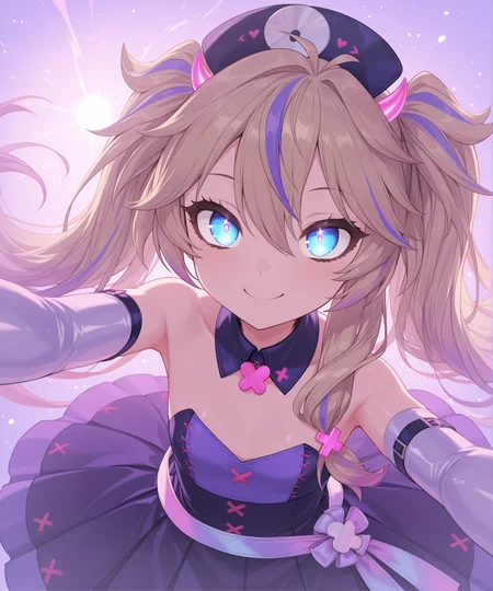 kasukabe_tsukushi,flat chest,Long eyelashes,Lower eyelashes,purple mesh bangs,Flaxen Hair,blue eye,star effect,heart effect,golden effect,kirakira effect,
iridescent belt,purple outfit,pleated skirt,nurse cap,iridescent elbow gloves,(MMD),(3DCG),
<lora:kasukabe_tsukushi:1>,cell look,bursting with energy,face close-up,explosive energy,expressive cheerful face,vivid smile,sparkling wide eyes,looking directly at viewer,strong contrast lighting,hard shadows,dramatic highlights,intense rim light,sharp cel shading,glowing edges,colorful sparkles,radiant magical aura,floating particles,shimmering ribbons,fantasy background,epic atmosphere,golden accents,vibrant saturated colors,cinematic bloom,lens flare,masterpiece,ultra detailed,
white background,cowboy shot,