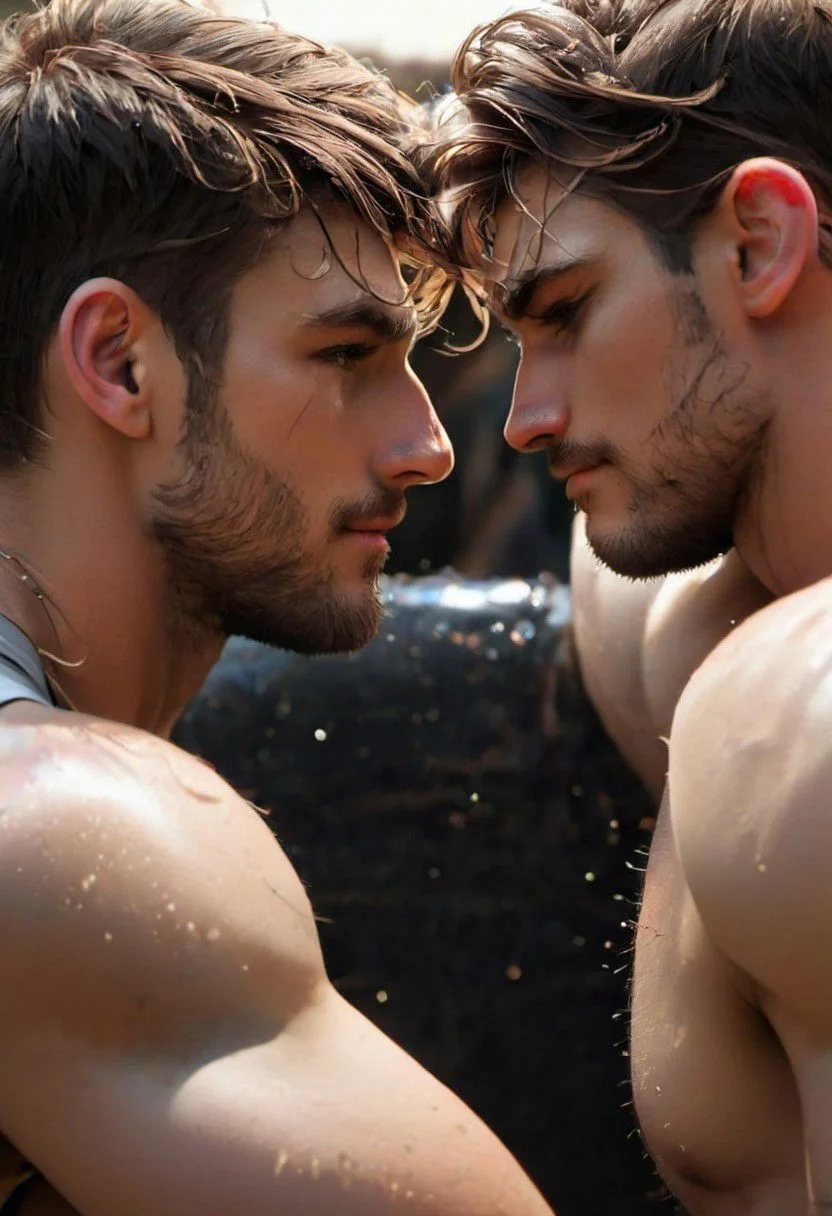 kyle ross, male focus, 2men, full bodies of two handsome 18yo platinum blonde twinks hugging and kissing, close up of faces kissing, holding each other from behind, hugging from behind, face focus, dynamic posture, dramatic angle, camera angle from below, shirtless, stubble, hands on each other's chest, black dog collar, black neck collar, long chain necklace, shirtless, kinky,
skinny muscled, slender muscled, skinny, slender features, narrow shoulders, detailed armband tattoo, cute face, boyish face, perfect biceps, bicep veins, bulging veins, defined veins, great pecs, thin waist, angular face, strong and powerful, sporty, predatory look, feathered hair, long hair, shoulder length hair, great detail, satisfaction, blue eyes, bubble butt, small ass, small butt, tight shorts,
(Masterpiece, high quality:1.3), masterpiece, depth of field, bokeh, detailed, homoerotic, (homoerotic), highly detailed, sharp focus, intricate, smooth, elegant, fantasy, cinematic lighting, cinematic, masterpiece, matte, photorealistic, 4k, beautiful, volumetric lighting, dramatic, photo-realistic, life-like, high detail, lighting, 8Knematic lighting, 8K, contrast lighting, contrasting lighting, cinematic lighting,