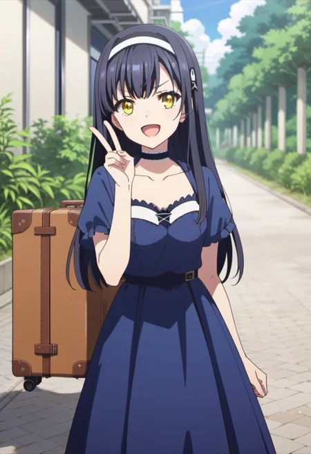 score_9, score_8_up, score_7_up, source_anime, kushima kamome, long hair, black hair, yellow eyes, 1girl, solo, hairband, open mouth, dress, smile, choker, outdoors, hair ornament, :d, blue dress, suitcase, collarbone, v-shaped eyebrows